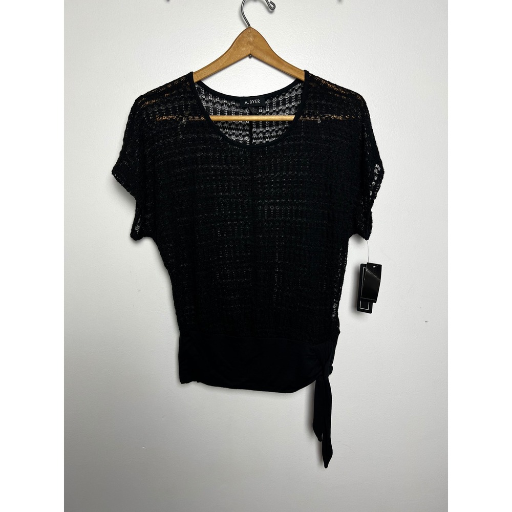 A. Byer Womens‎ Size Medium Black Pointelle Mesh Side Tie Knit Top NWT